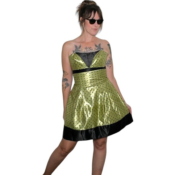 Vintage 80s Jessica McClintock Gunne Sax Satin Strapless Mini Dress Green Dot 9 - Picture 1 of 16